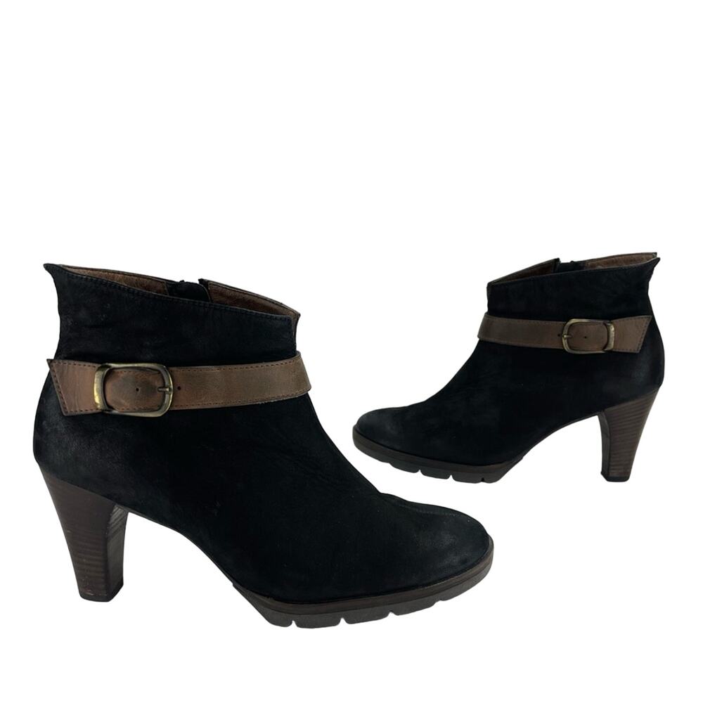 Paul Green Black Heeled Ankle Boot Sz 7.5 Leather Vintaged Finish Padded footbed